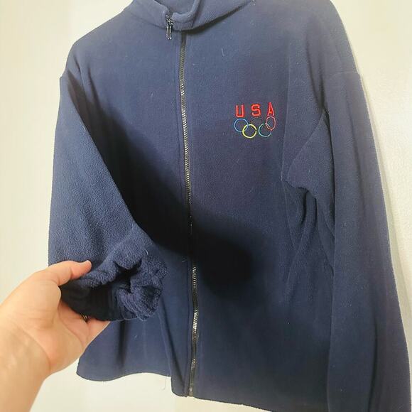 Vintage USA Olympics 90s Dark Blue Zip Up Front Fleece Jacket Size Medium - Picture 2 of 7
